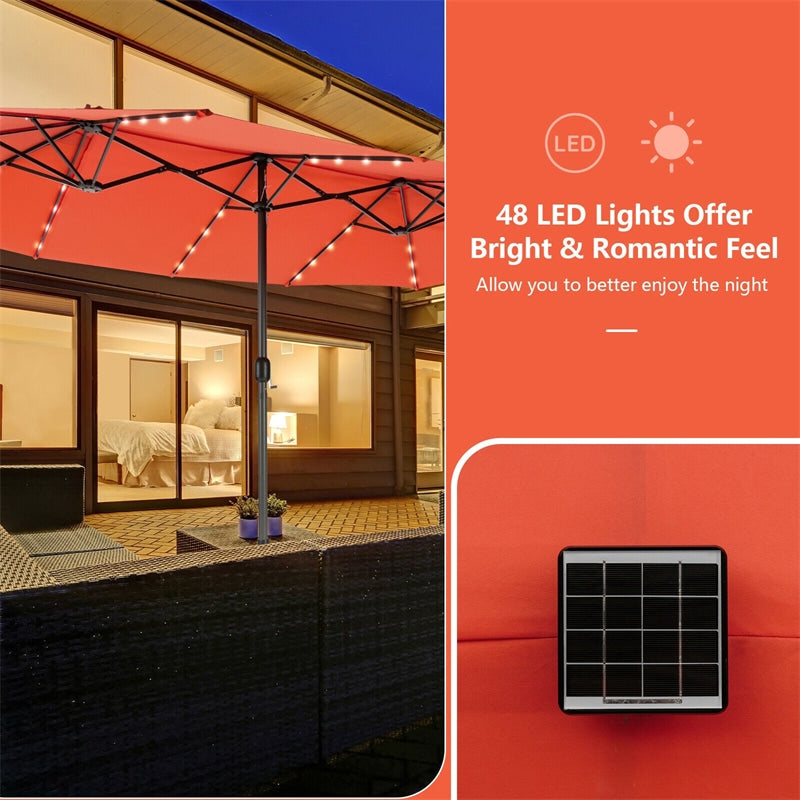 15 FT Large Outdoor Patio Table Umbrella with 48 Solar LED Lights & Crank, Double-Sided Metal Deck Pool Umbrella