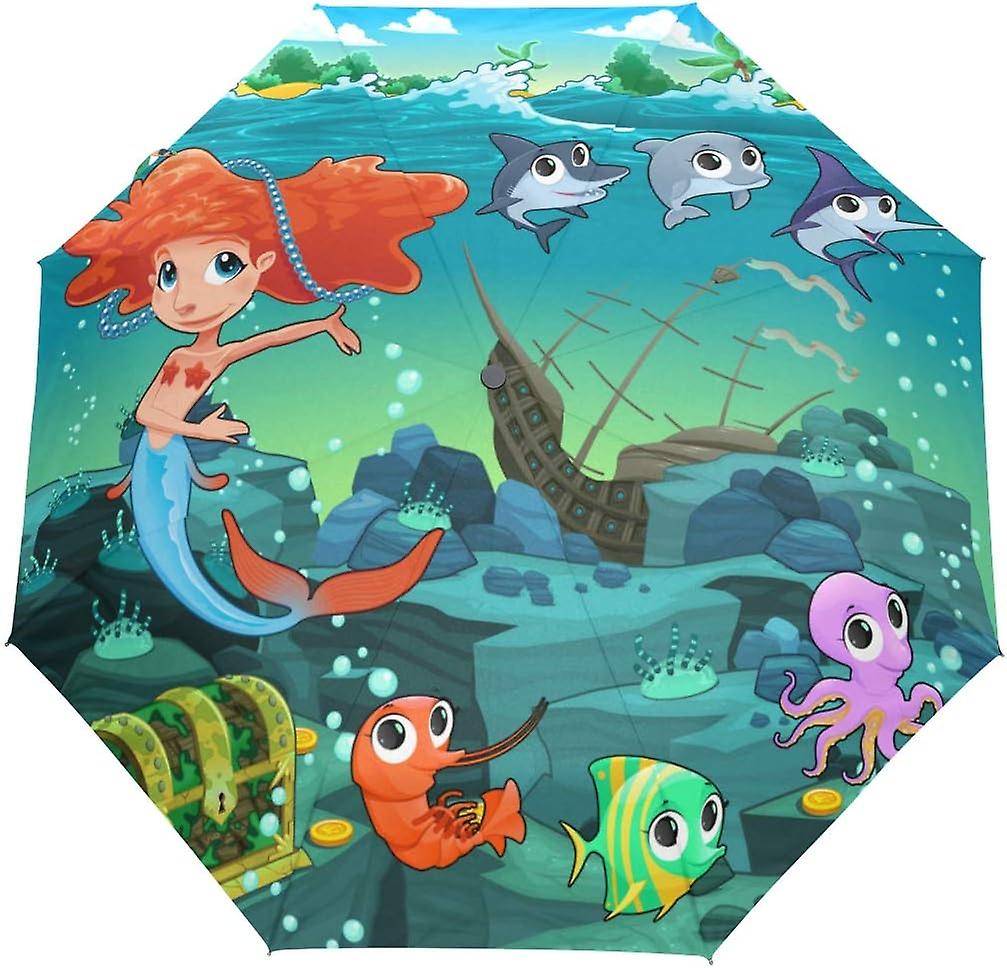 Travel Umbrella Automatic Windproof Foldable Umbrella Mermaid With Animals On The Sea