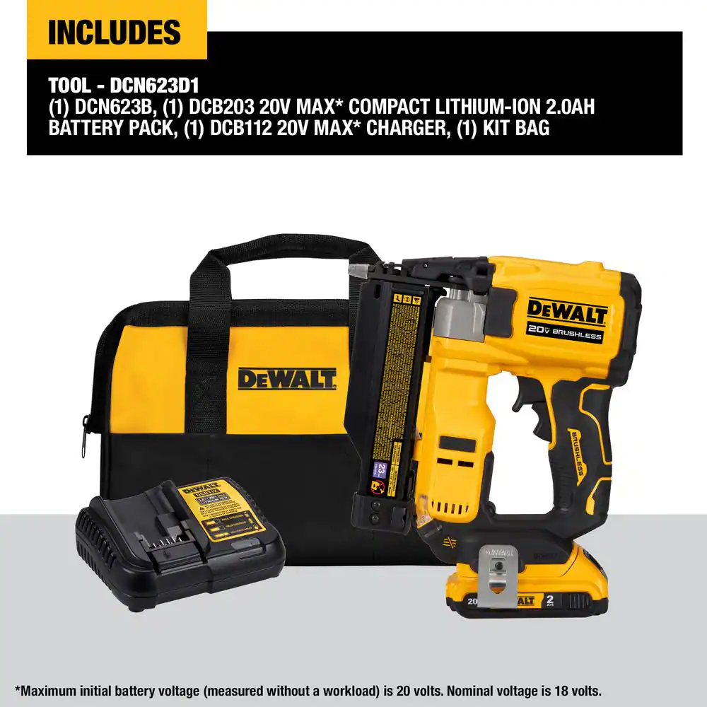 DEWALT DCN623D1 20-Volt MAX Lithium-Ion Cordless 23-Gauge Pin Nailer Kit with 2.0 Ah Battery Pack and Charger