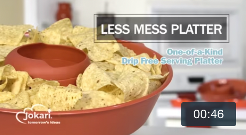 Jokari Less Mess Serving Bowl for Dips， Chips， Veggies and Snacks. Red Rimmed Bowl to Scrape Extra Dip