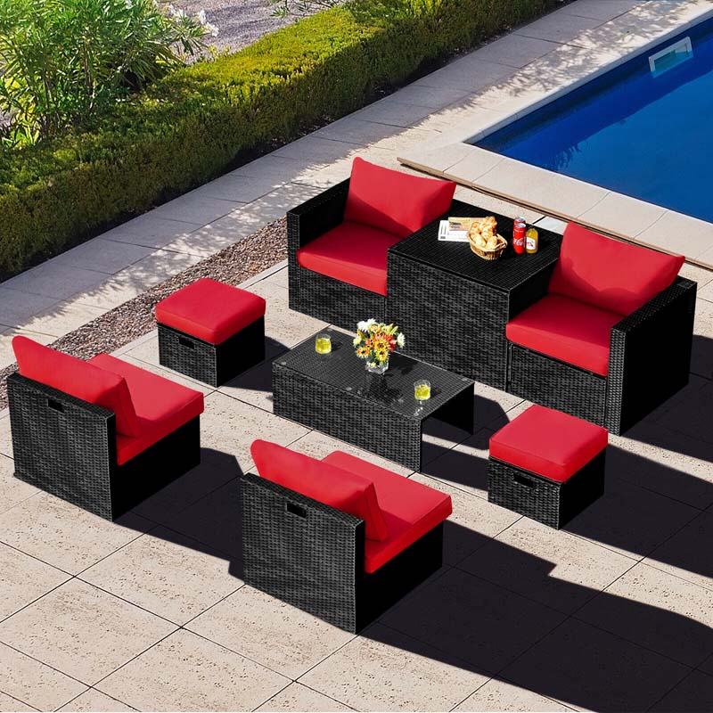 8 Pcs Rattan Wicker Outdoor Patio Furniture Sectional Sofa Set with Storage Box & Waterproof Cover