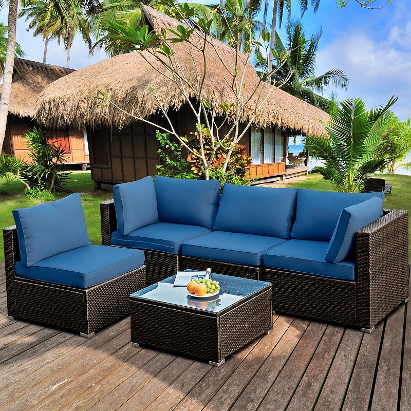 5 Pieces Cushioned Patio Rattan Furniture Set with Glass Table