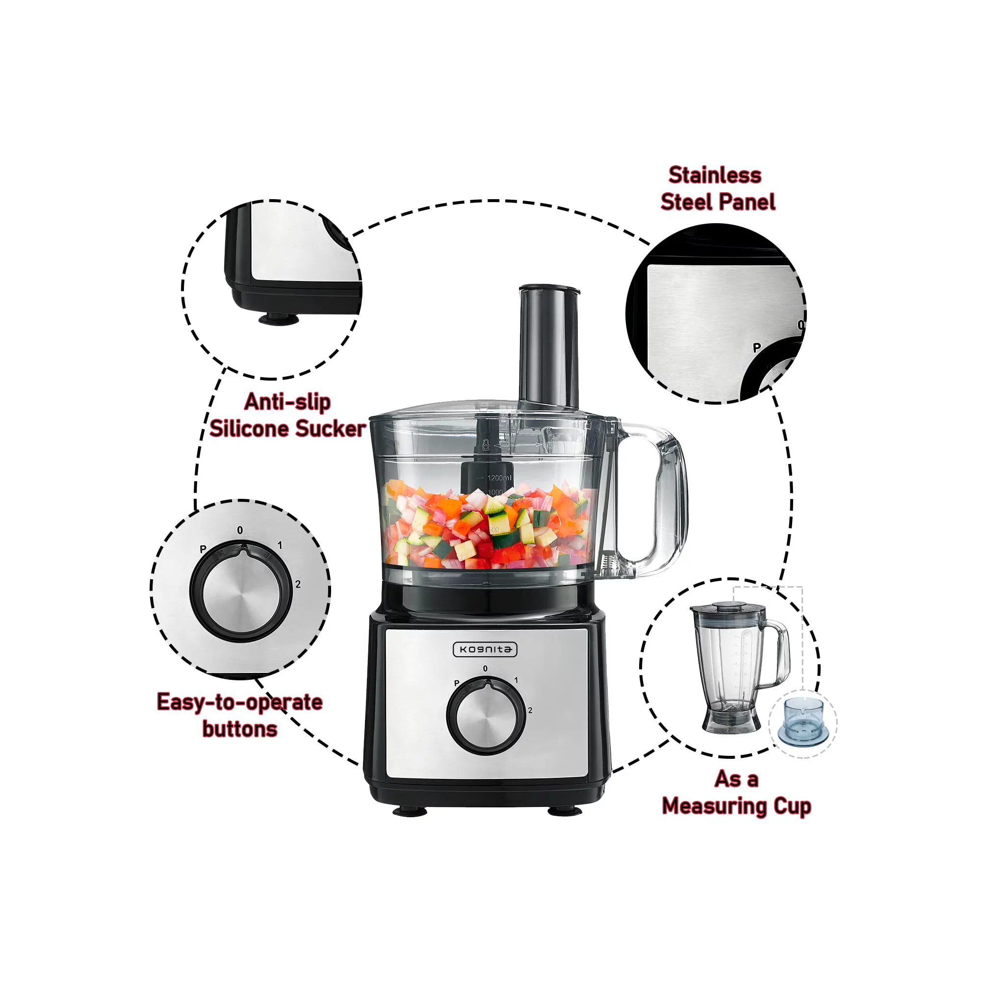 Kognita Food Processor Blender Combo， 8-in-1 Smart Kitchen Blender with 2 Speeds， 6-Cup Bowl