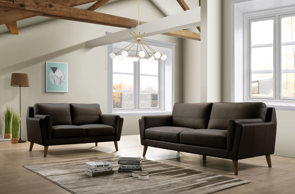 Haldeman Top Grain Leather Modern Sofa  ampLoveseat Set   Midcentury   Living Room Furniture Sets   by Uptown Modern  Houzz