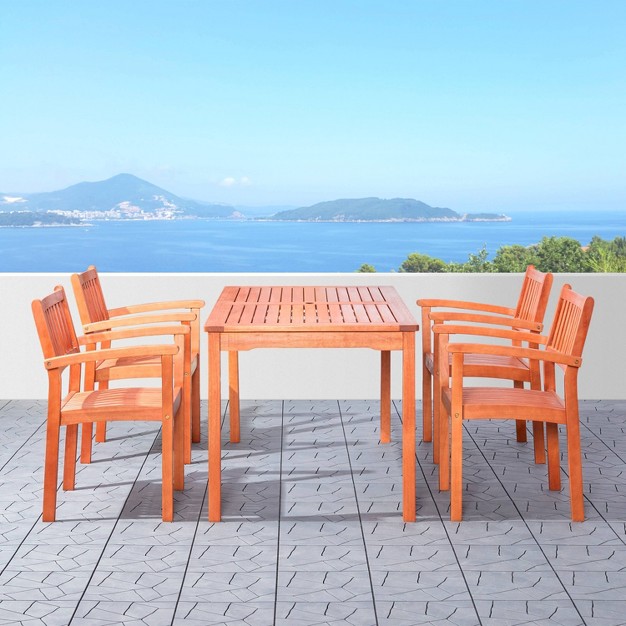 Azen 5pc Outdoor Dining Set Coastal Eucalyptus Hardwood Reddish Brown Weather resistant Stackable Chairs Umbrella Hole