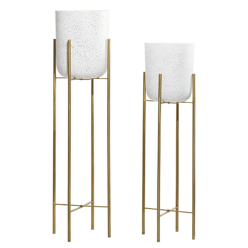 Set of 2 Metal Planters GoldSpeckled White