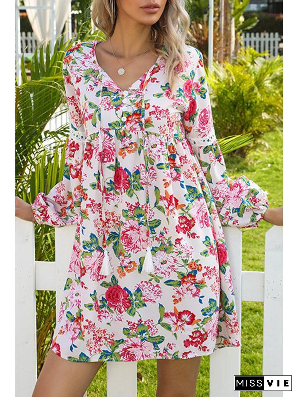 Pretty Floral Print V Neck Dress P14139