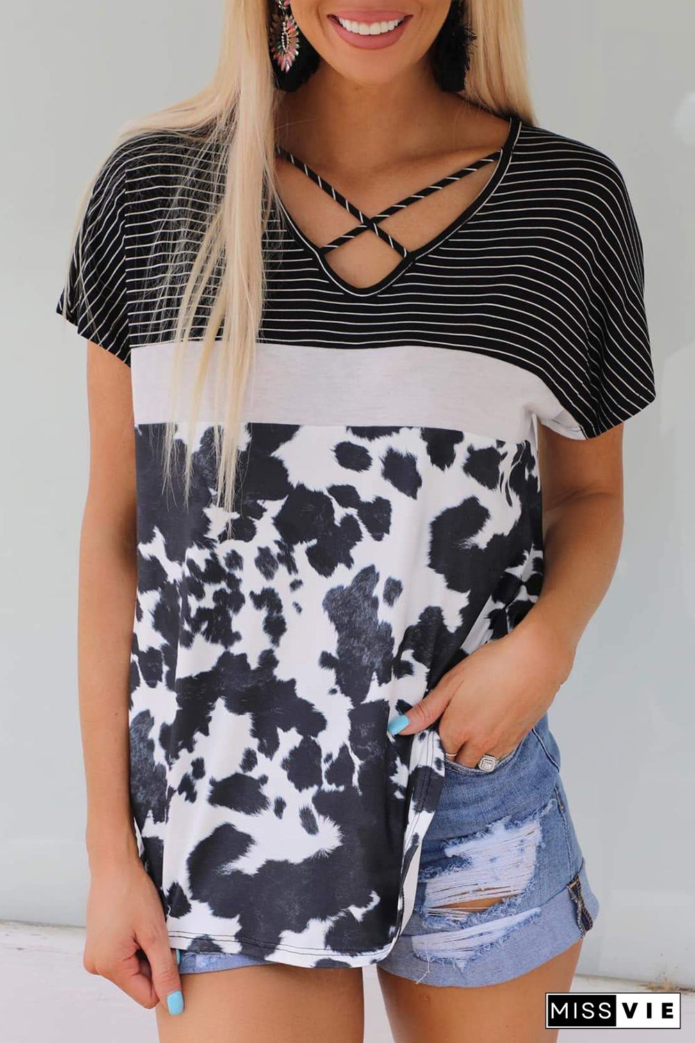 Striped Cow Print Color Block Criss Cross Short Sleeve T-shirt