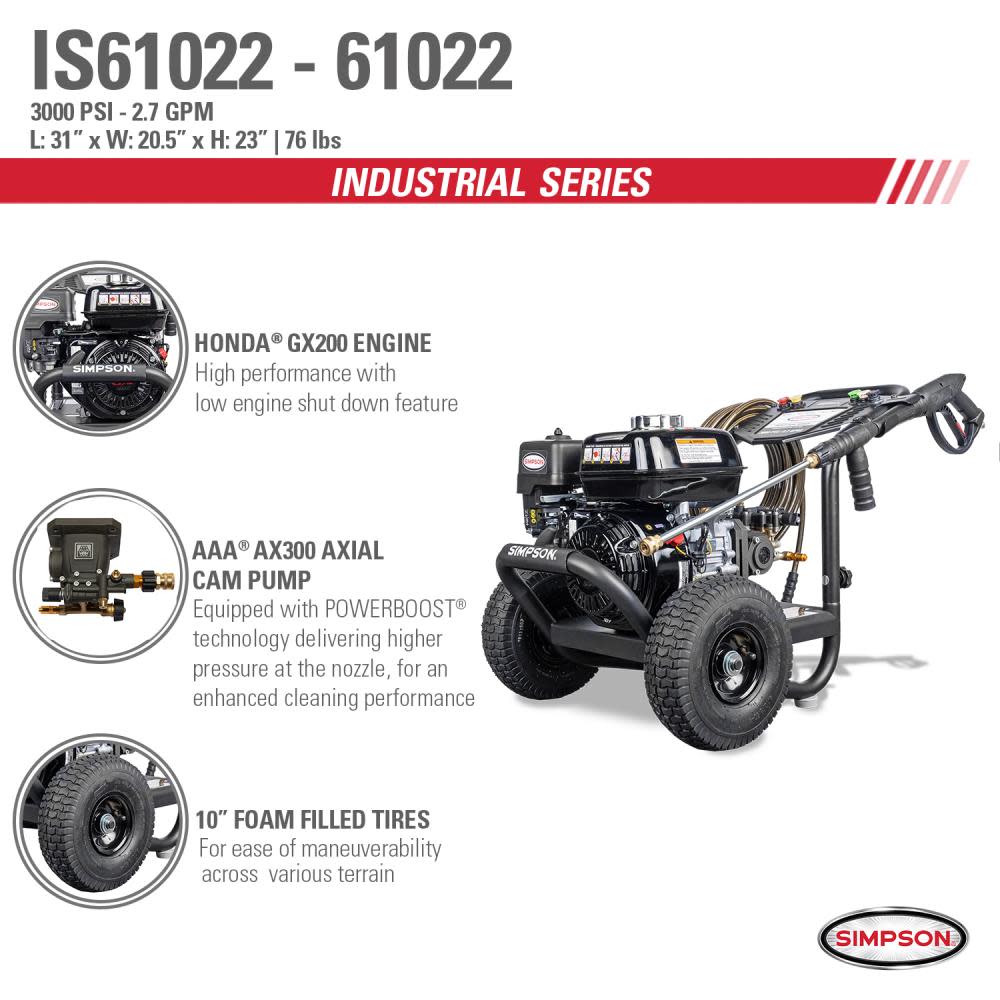 Industrial Pressure Washer 3000PSI 2.7GPM ; 50 State Certified ;