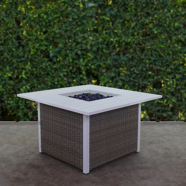 Courtyard Casual Santa Fe Square Fire Pit in White with 18 lbs of Blue Fire Glass