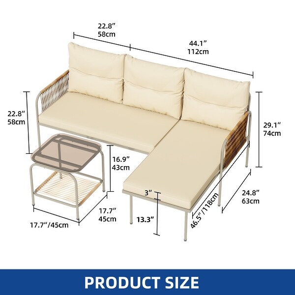 Moasis 3 Pieces Wicker Patio Furniture Conversation Set LShaped Sofa Set with Table and Cushion