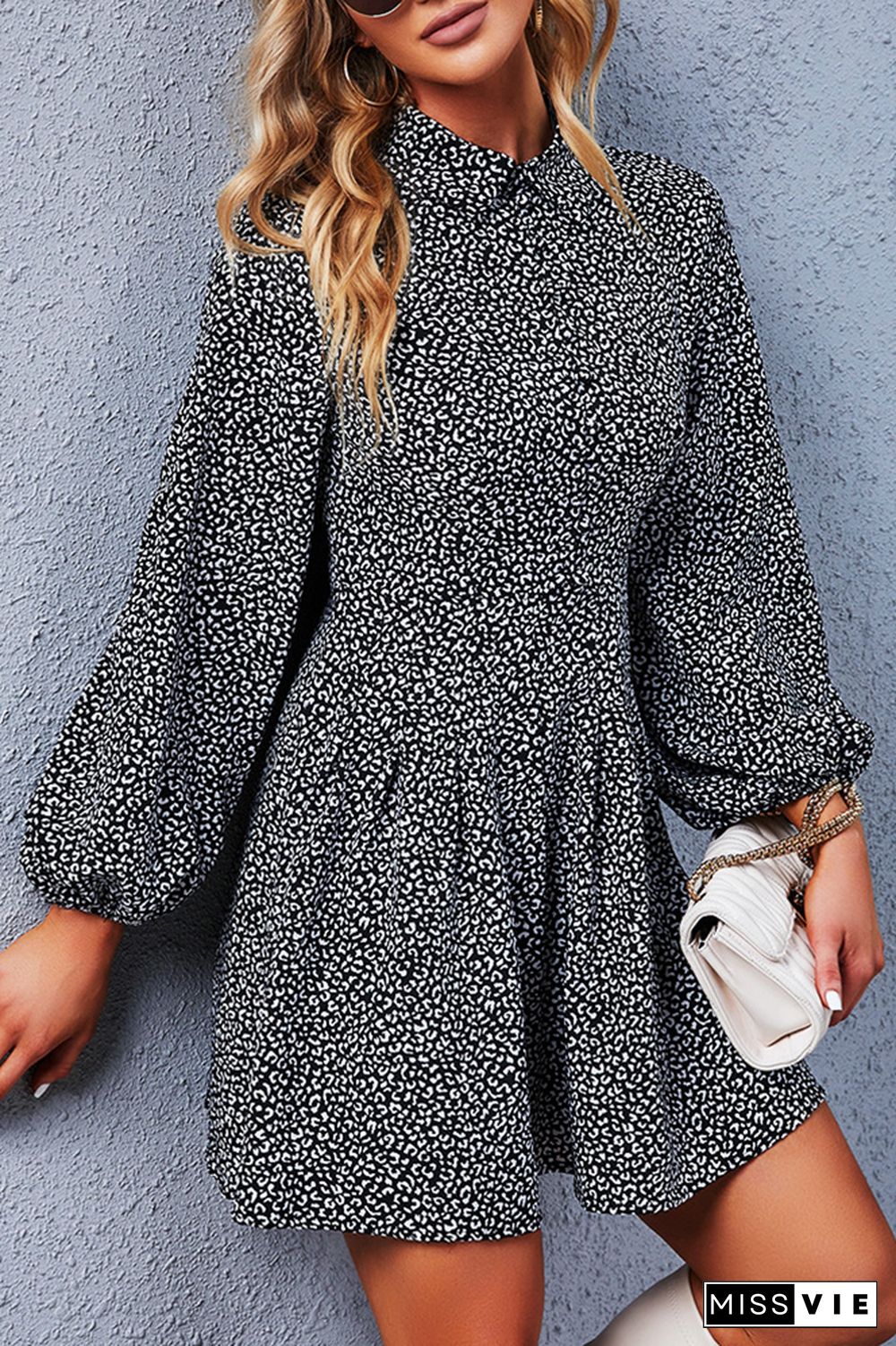 Puff Sleeve Printing Ruffle Mini Dress