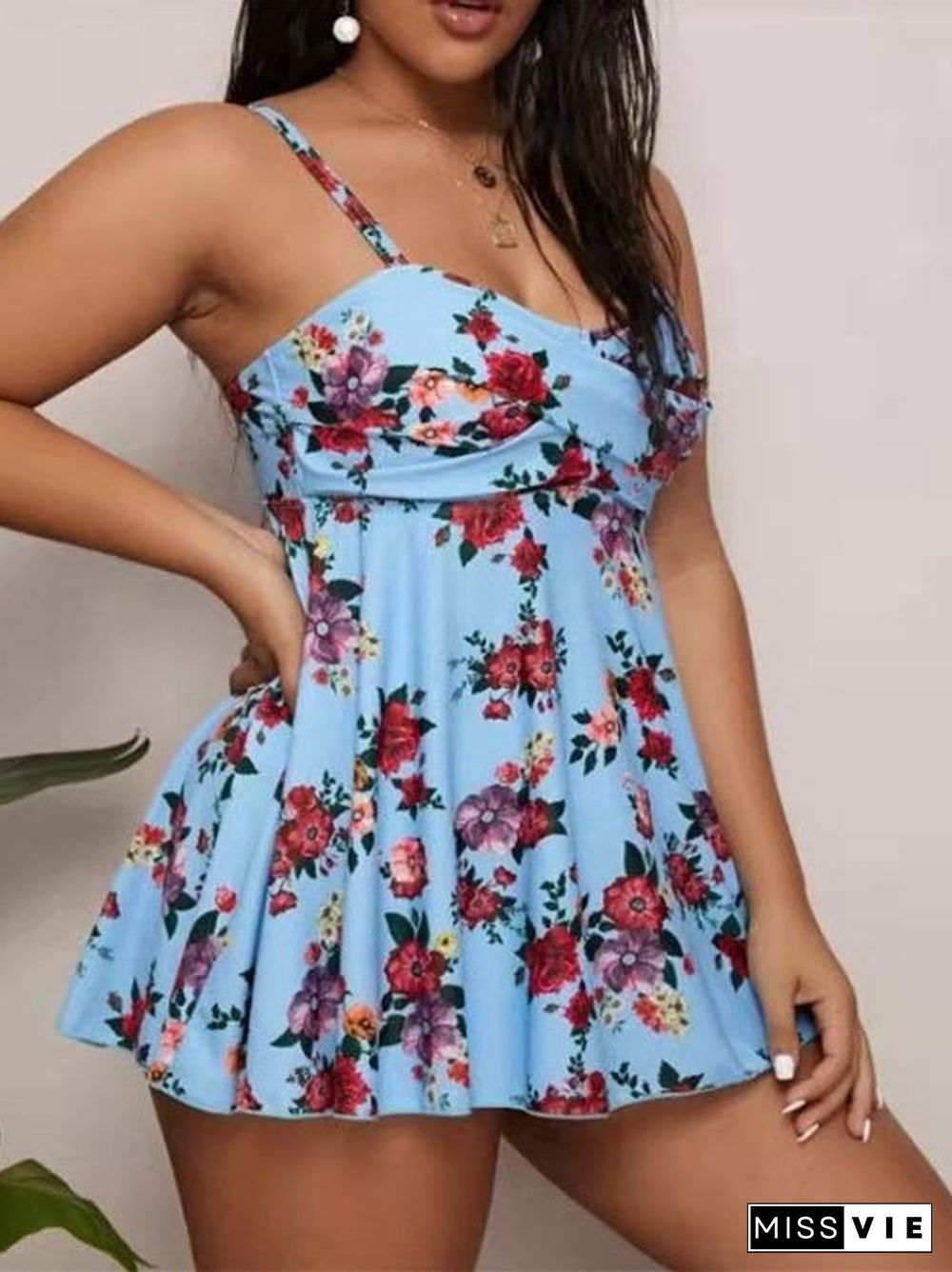 Plus Size Multicolor Floral Printed Camisole Swimdress Set