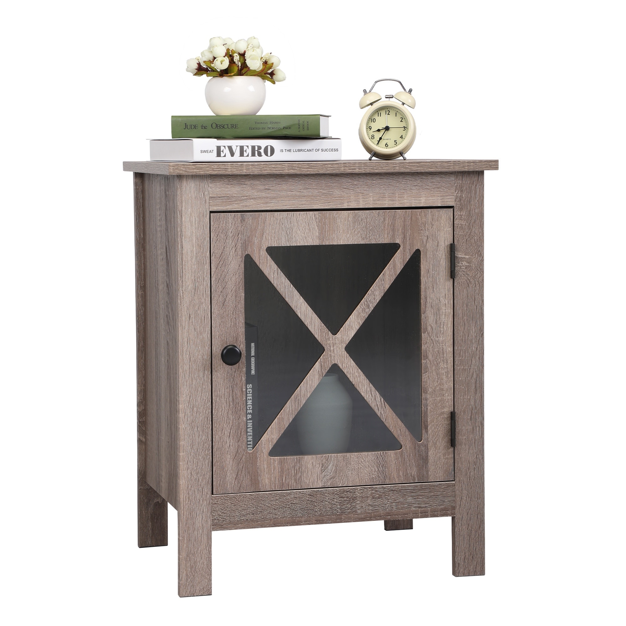 Wood Side Table Nightstand with X-Shaped Glass Door