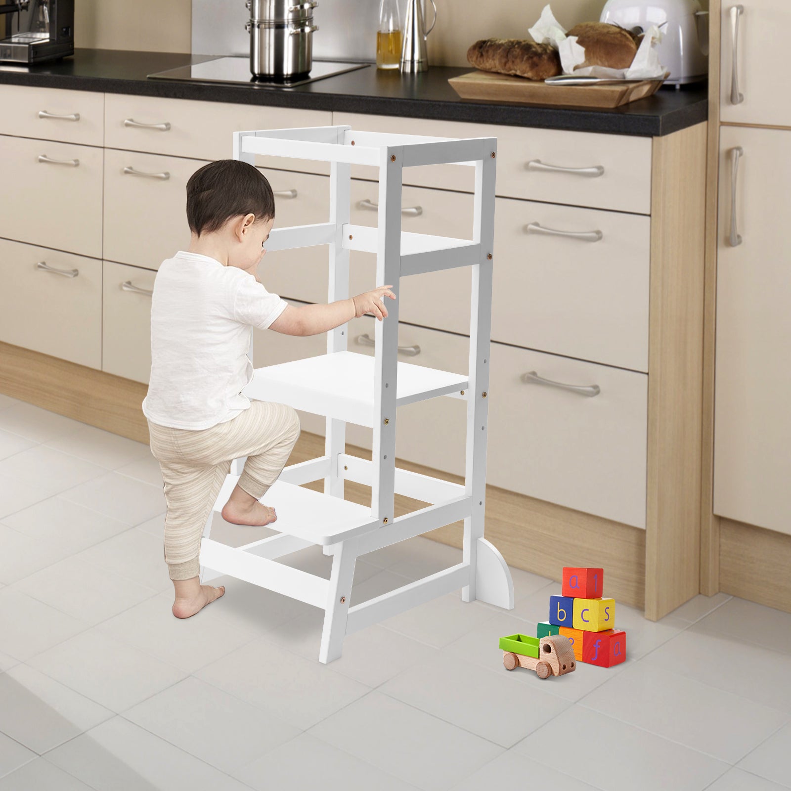 Flkoendmall Kitchen Step Stool with Safety Rails Natural