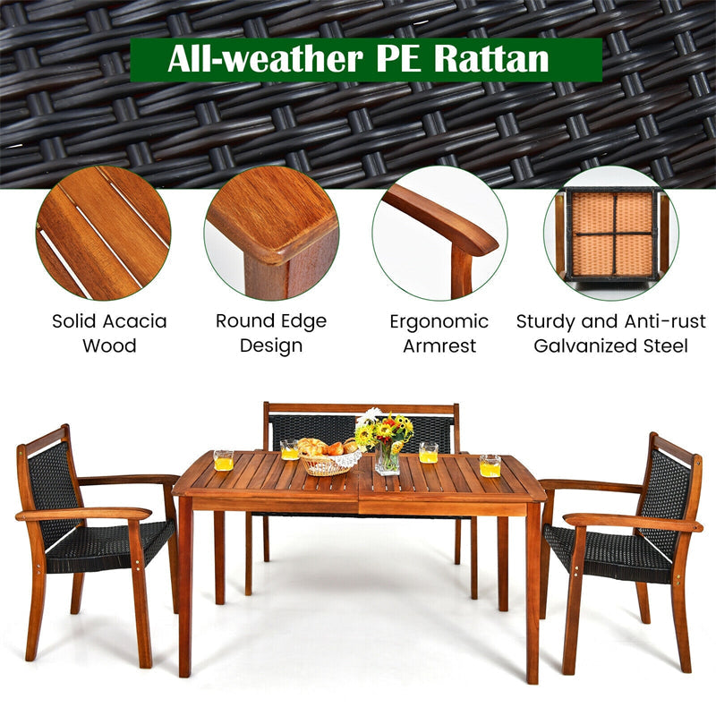 4 Pcs Rattan & Acacia Wood Outdoor Patio Dining Table Set with Loveseat & 2 Armchairs, Umbrella Hole