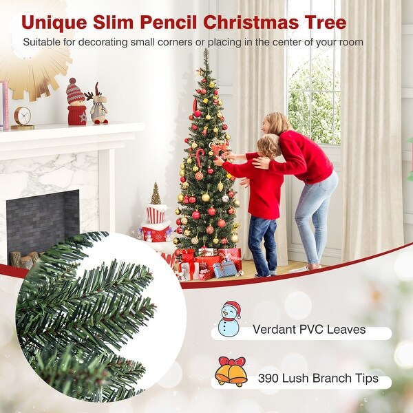 Gymax 5/6/7/8/9 ft PreLit Artificial Christmas Tree Slim Pencil Xmas