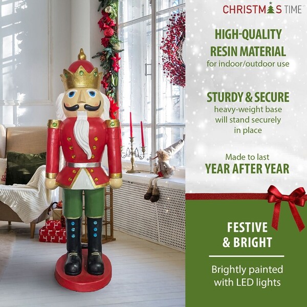 Christmas Time 5Ft. Nutcracker King Wearing a Crown，Resin Figurine w/ LED Lights，Christmas Holiday Decor，Red