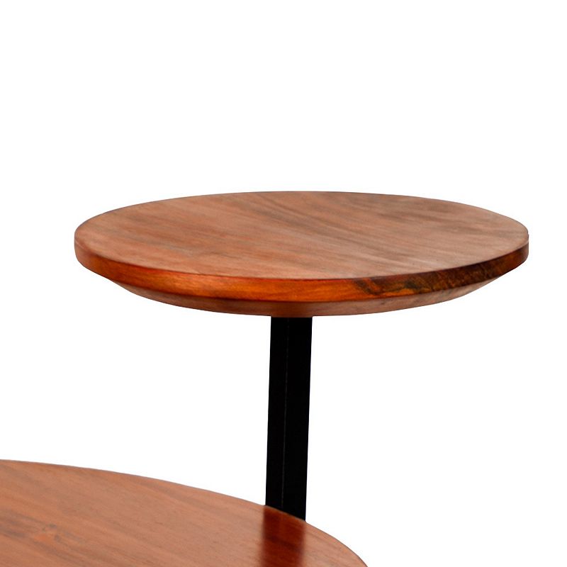 Geo Collection 21 Inch Round Acacia Wood Accent End Table with 2 Tier Tabletops， Brown， Black