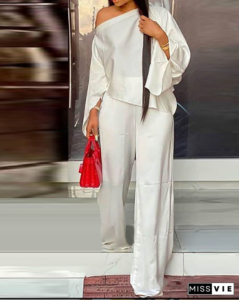 Satin One Shoulder Bell Sleeve Top & Pants Set