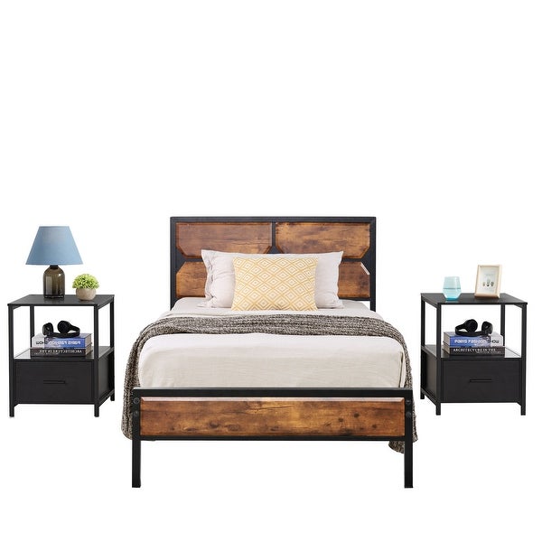 Taomika Industrial 3-pieces Bed with Wood Headboard and Square Nightstands Set - - 35162736