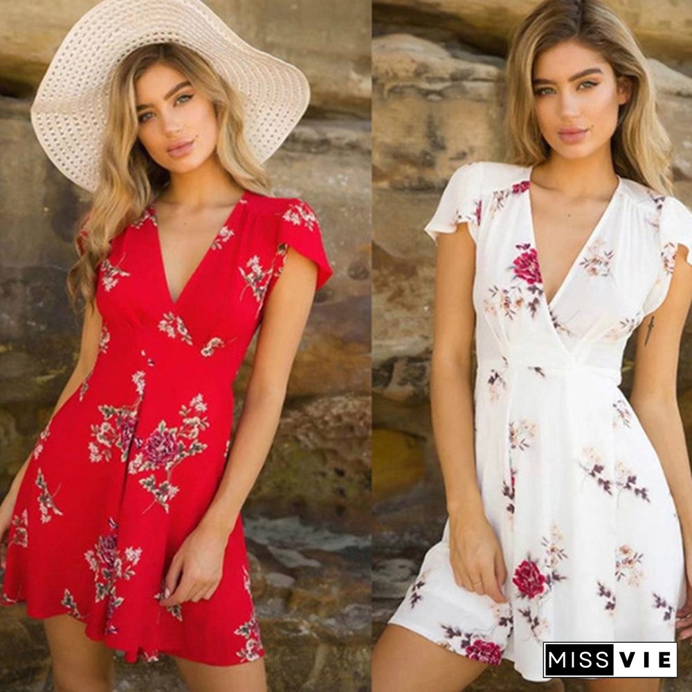 Floral Print Boho Summer Dress Women Sexy V Neck Short Sleeve Mini Dresses Casual Beach Short Dress