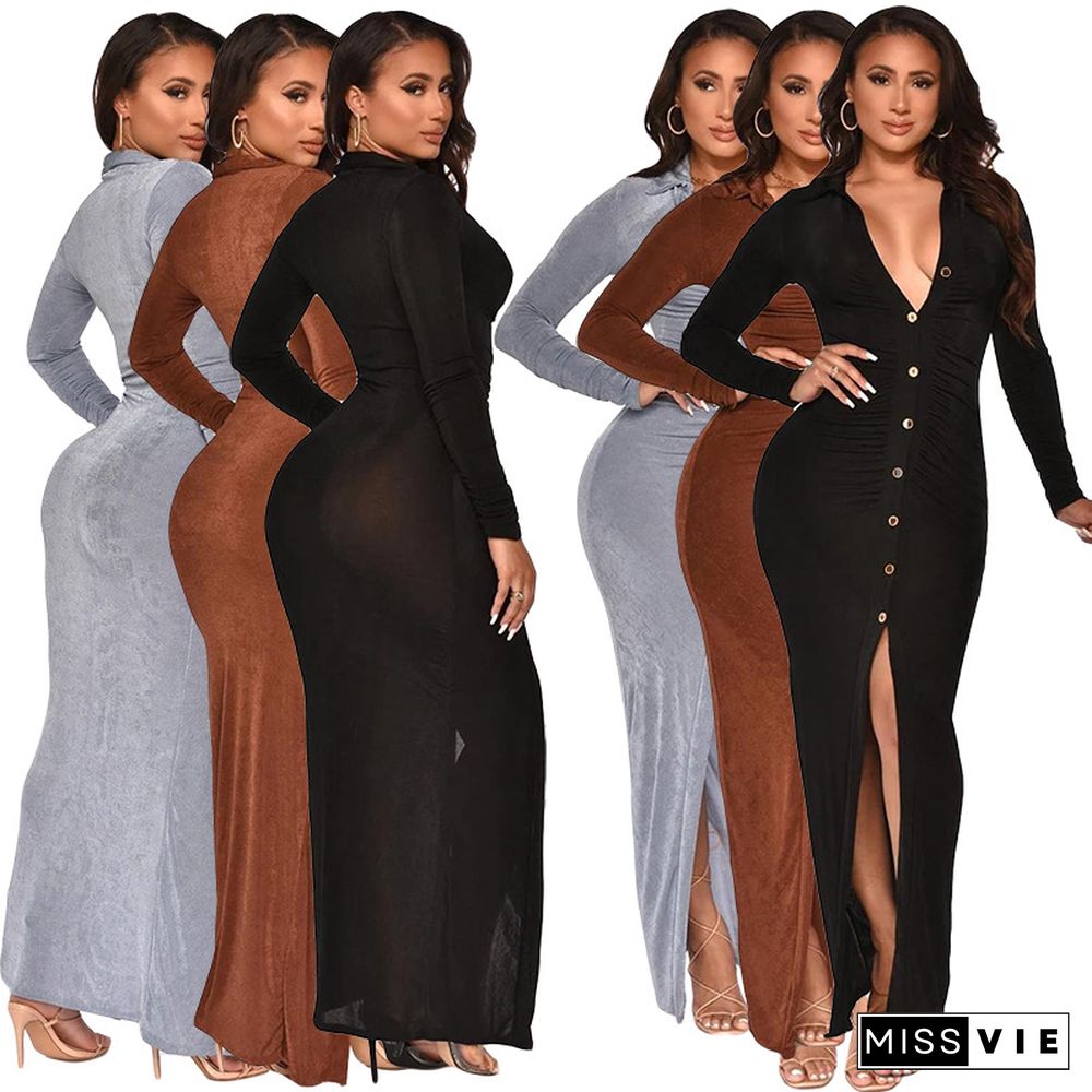 Fashion Solid Color Slim Sexy Bag Hip Cardigan Dress Long Skirt