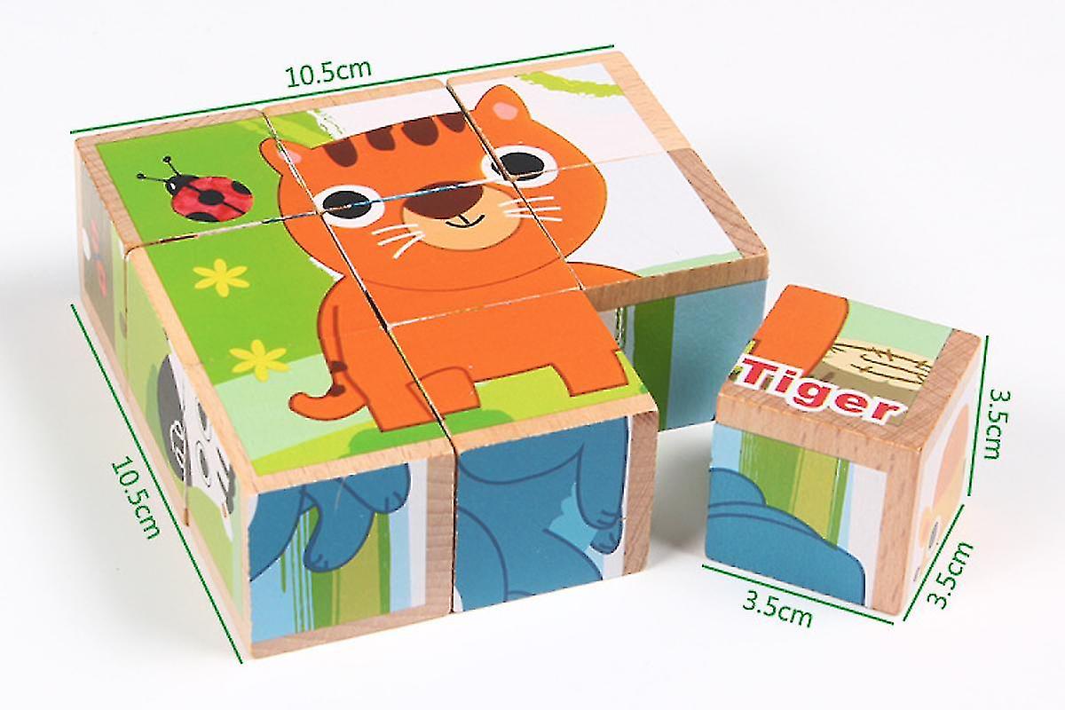 Wooden Blocks Cube Puzzles For Kids - Wooden Cube Jigsaw Puzzles 9 Wooden Cubes Blocks 6 Wild Animals Pictures In A Wooden Box