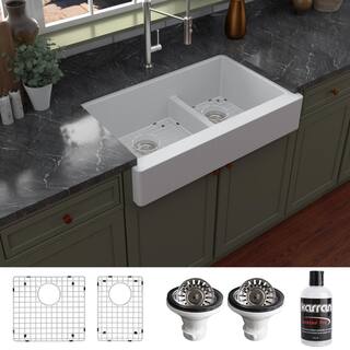 Karran QAR-760 QuartzGranite 34 in. Double Bowl 6040 Retrofit FarmhouseApron Front Kitchen Sink in white wGrid and Strainer QAR-760-WH-PK1