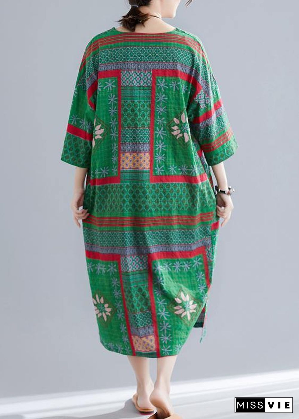 Bohemian v neck side open cotton Women pattern green print Maxi Dresses summer