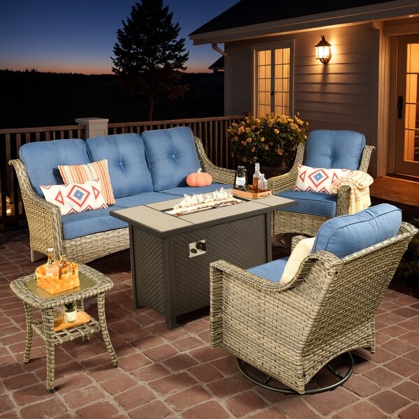 XIZZI Outdoor Rattan Wicker Patio Furniture Conversation Set with Fire Pit Table