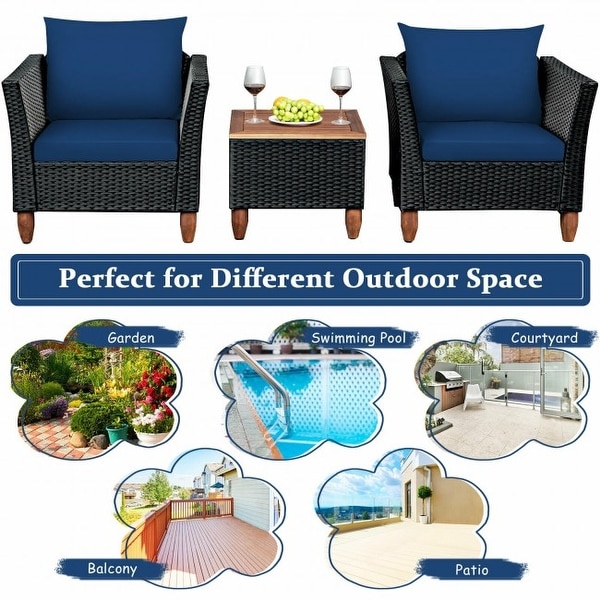 3 Pcs Outdoor Patio Rattan Furniture Set Wooden Table Top Cushioned Sofa