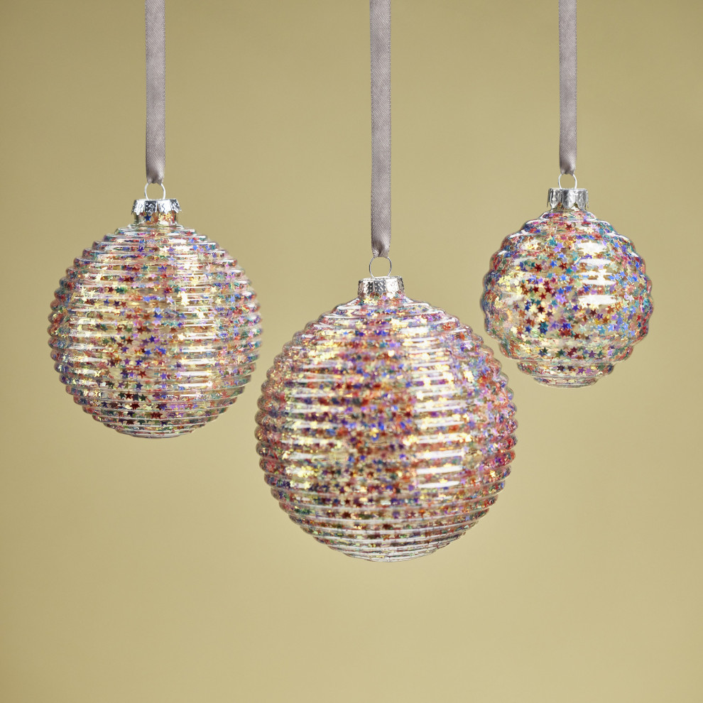 Multicolor Star Glitter 4.75 quotRibbed Glass Ornaments  Set of 4   Christmas Ornaments   by Zodax  Houzz