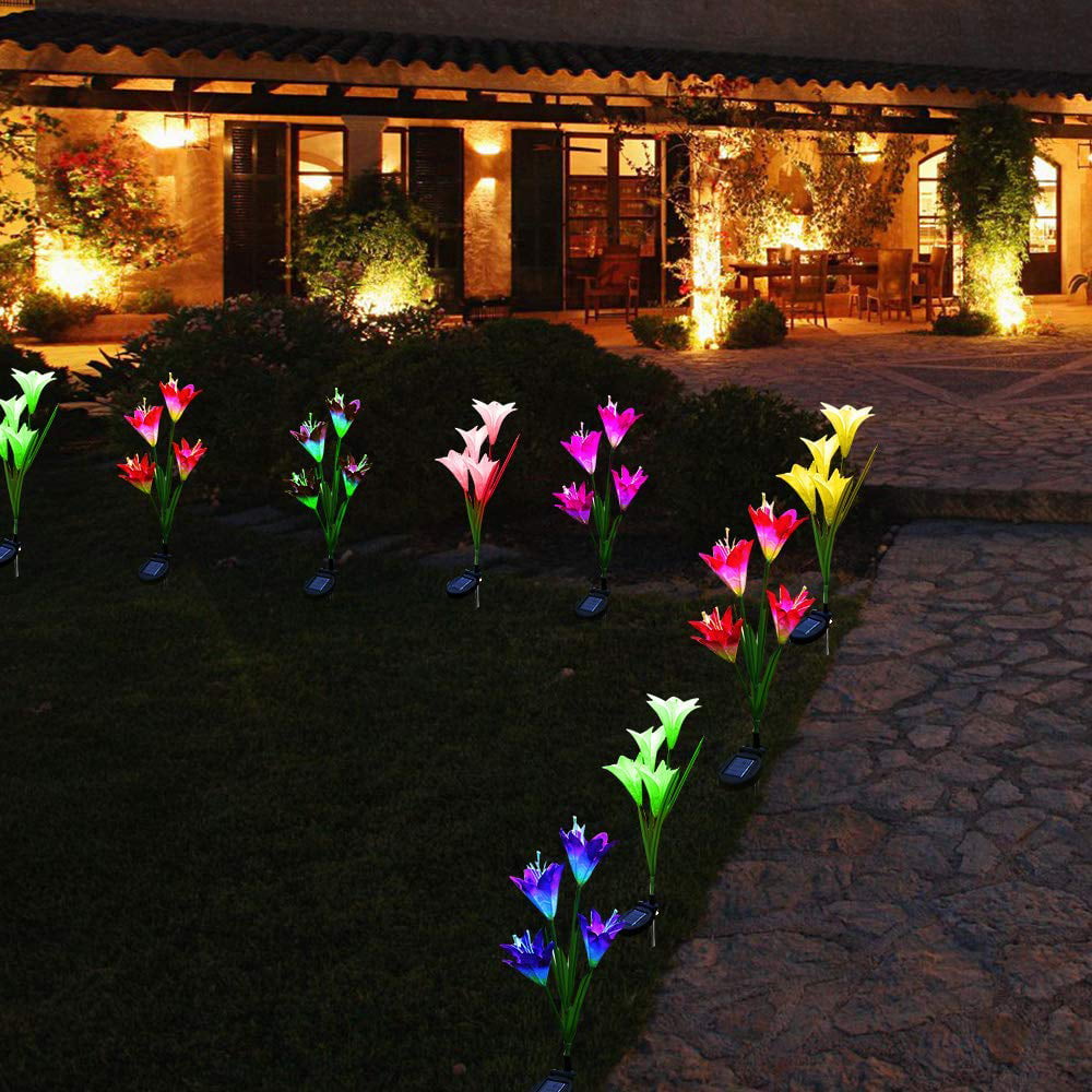 Outdoor Solar Garden Stake Lights - 2 Pack Solite Solar Powered Lights with 8 Lily Flower, Multi-color Changing LED Solar Stake Lights for Garden, Patio, Backyard (Purple and White)