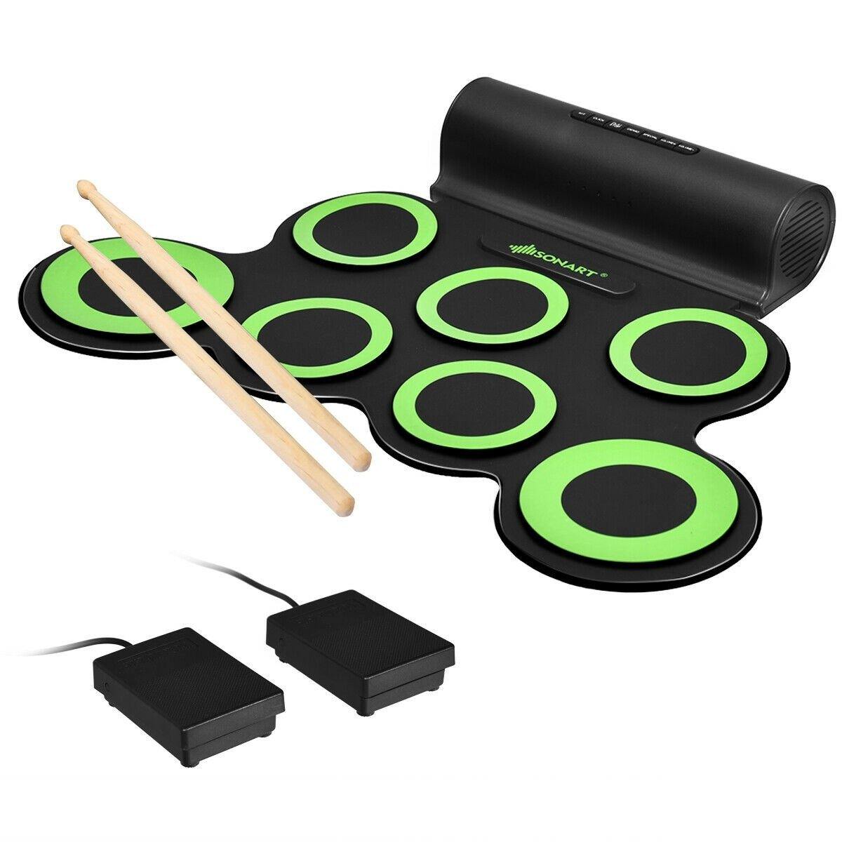 Costzon 7 Pads Electronic Drum Set, Portable Roll up MIDI Drum Practice Pad w/ Headphone (Green + Black)