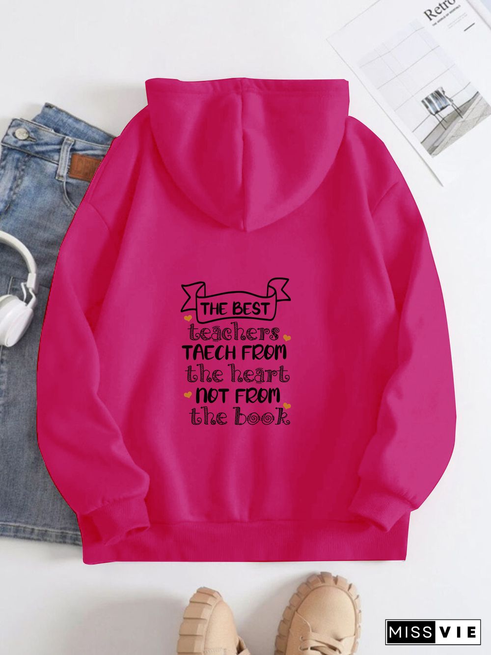 Printed on the Back Kangaroo Pocket Hoodie Long Sleeve for Women Pattern Best teacher greetings