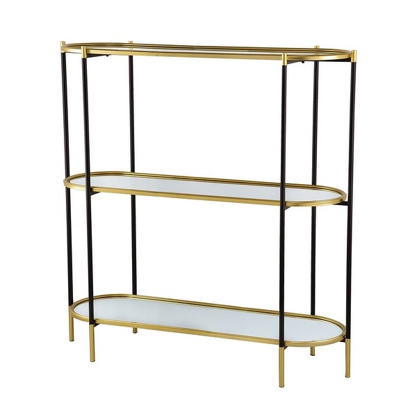 50 Inch Console Table， 3 Tier， Oblong Shaped Mirrored Top， Gold Iron Frame