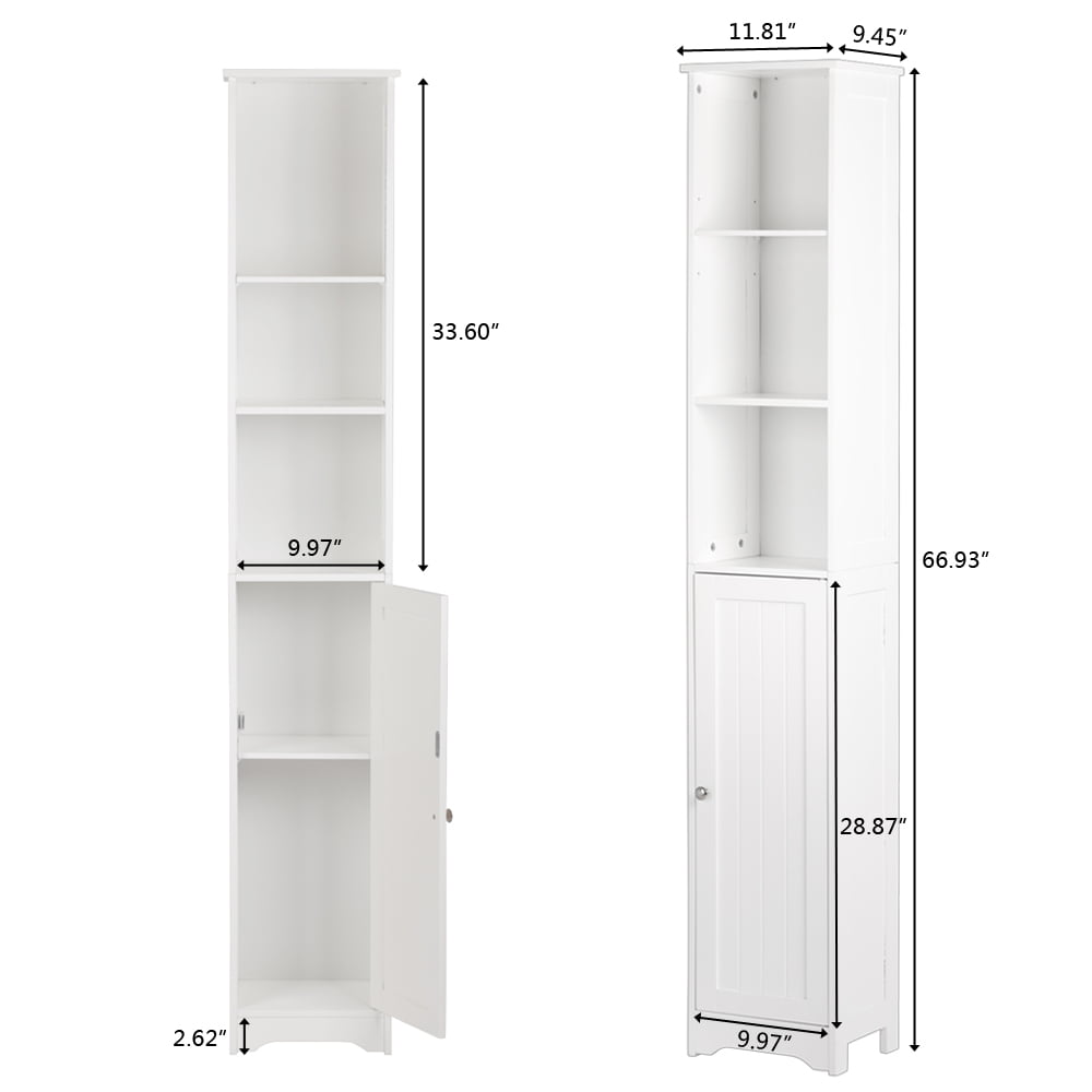 VINGLI 67" Tall Narrow Cabinet Free Standing Bathroom Storage Tower Cabinet White Slim Pantry Cabinet with 3 Open Shelves and 1 Door Adjustable Shelf Corner Linen Organizer