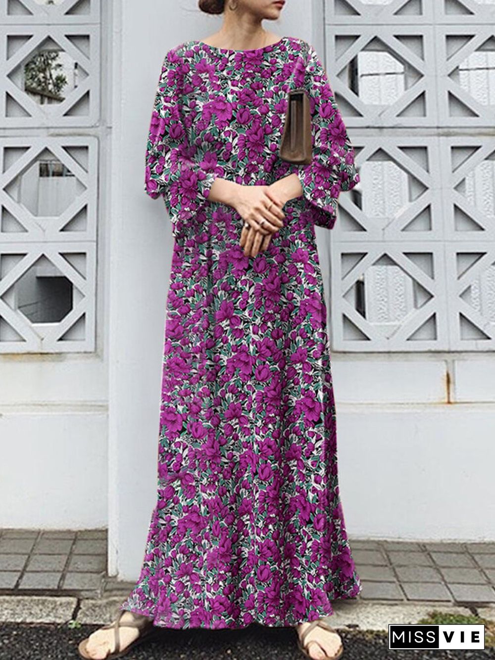 Floral Print Slit Long Bell Sleeve Crew Neck Maxi Dress