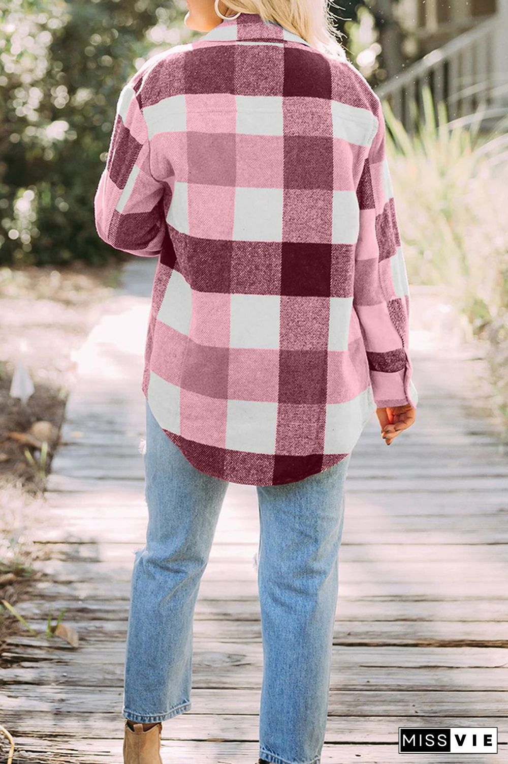 Casual Facecloth Tweed Plaid Long Sleeve Shacket Jacket Wholesale