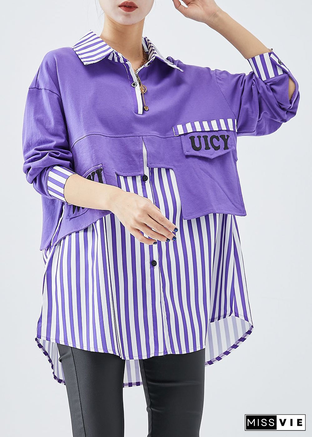 French Purple Oversized Patchwork Striped Cotton Sweatshirt Fall