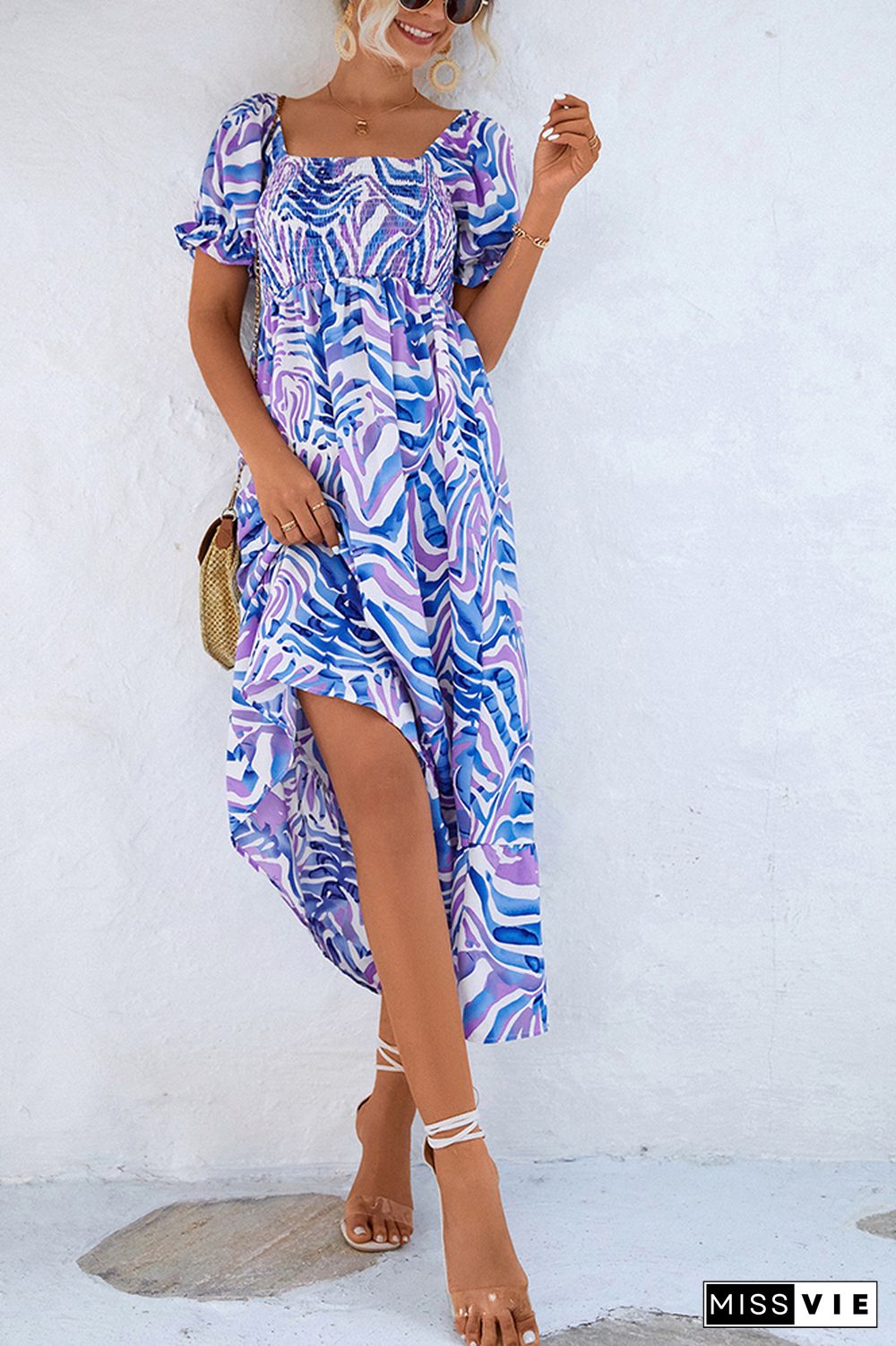 Off Shoulder Smocked High Waist Printed Maxi Dress