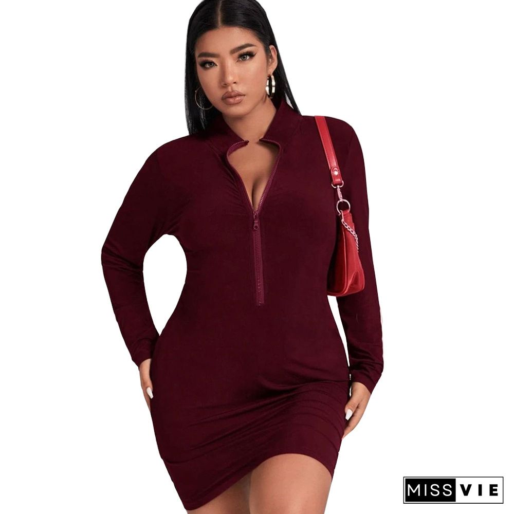 Solid Long Sleeve Zip Up O Neck Casual Dress