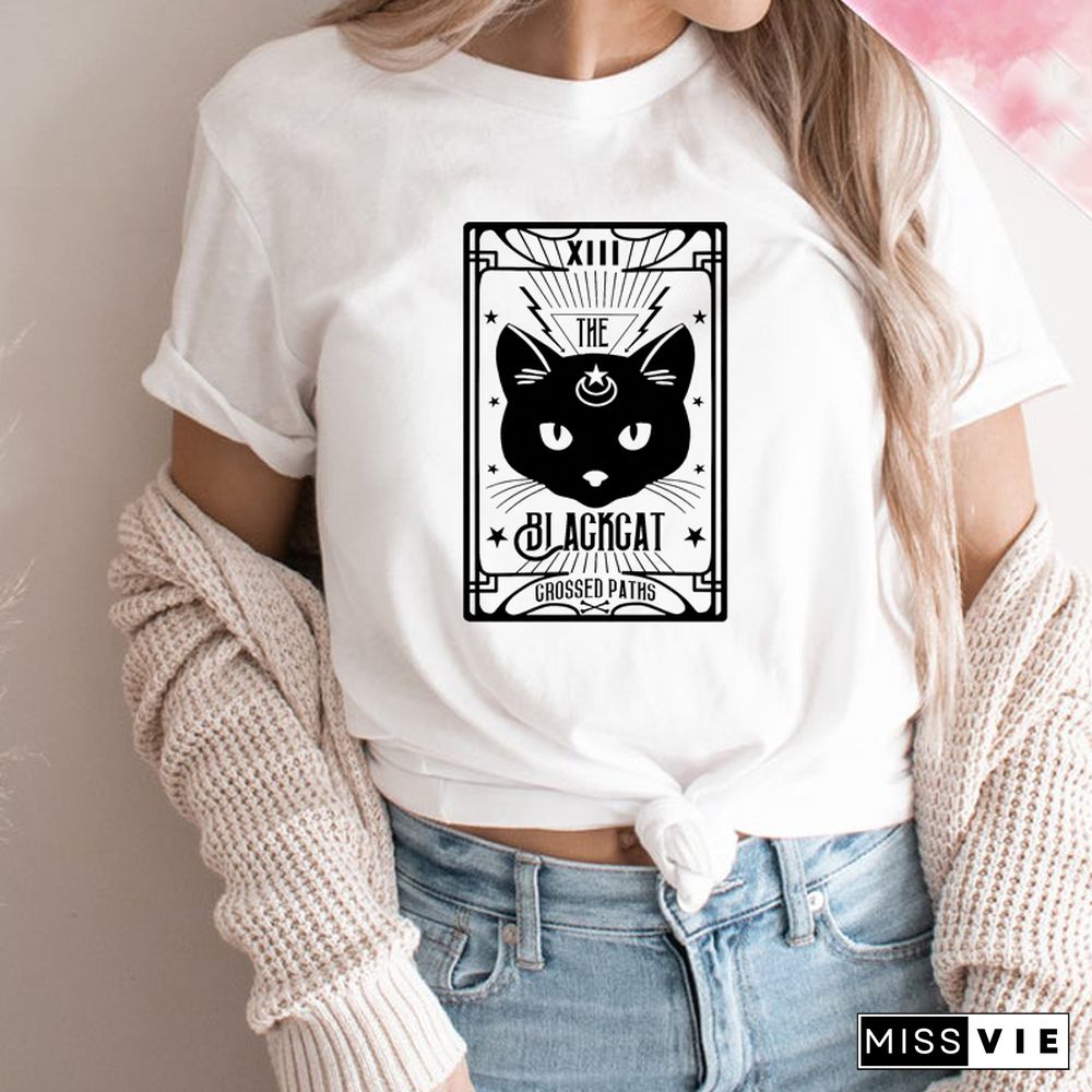 Spooky Crystal Ball Moon Cat Women T Shirts 90s Grunge Fashion Gothic Graphic Tee Pastel Goth Clothes Witch Wicca Saying Tops