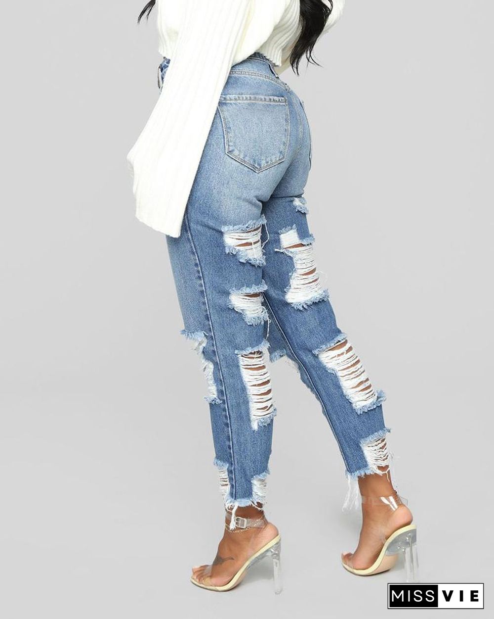 Fringe Hem Ladder Cutout High Waist Jeans P12078