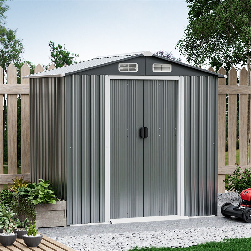 6 x 4 FT Outdoor Storage Shed Galvanized Steel Garden Storage Shed with Lockable Double Sliding Door