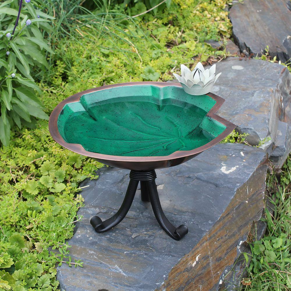 Achla Designs 10.25 in. Tall Antique Copper Plated and Colored Patina Lilypad Birdbath with White Flowers and Tripod Stand BB-10-TR