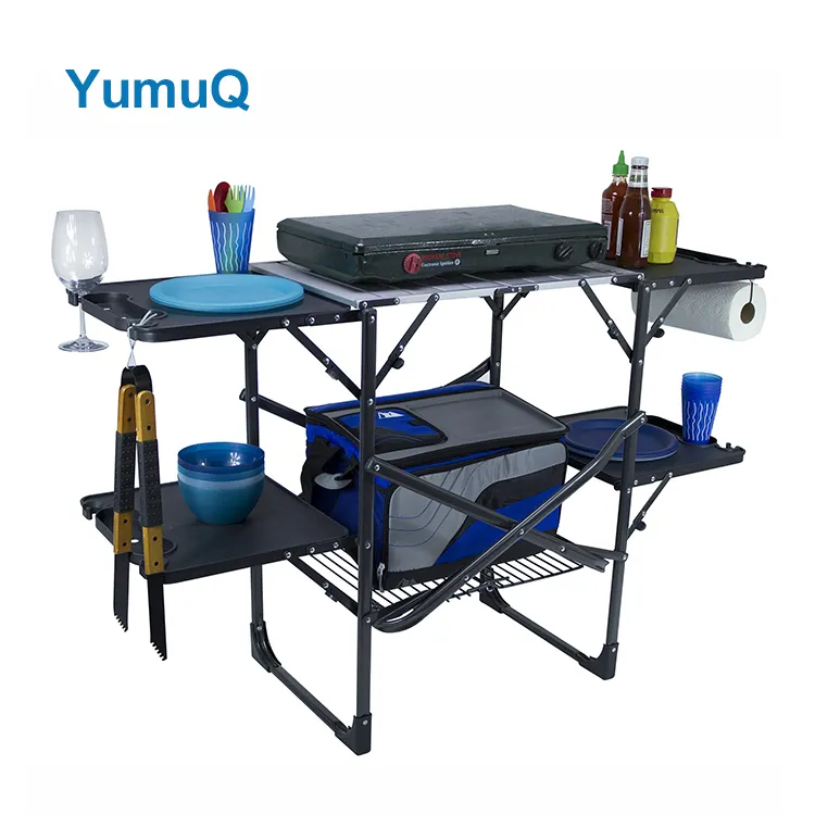 YumuQ Camp Portable Picnic Mobile Kitchen Station Cabinets Table Set Folding Storage With Windscreen