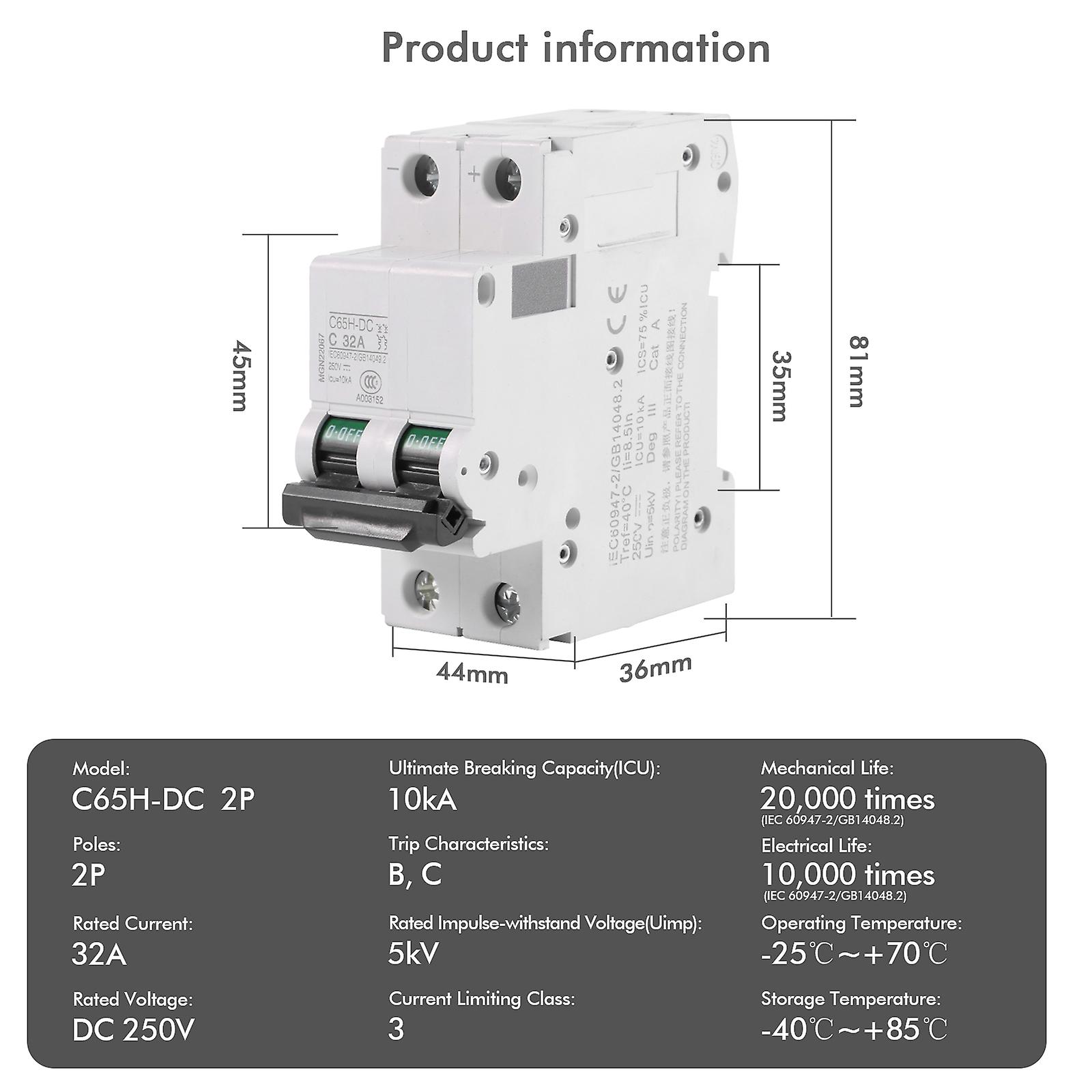 1pc 250V DC 2P  Solar Mini Circuit Breaker 16A  32A 63A DC MCB for PV System (32A)