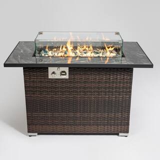 Espresso Rectangular Wicker Outdoor Fire Pit Table with Metal Cover and Rain Cover LWM-FT85343